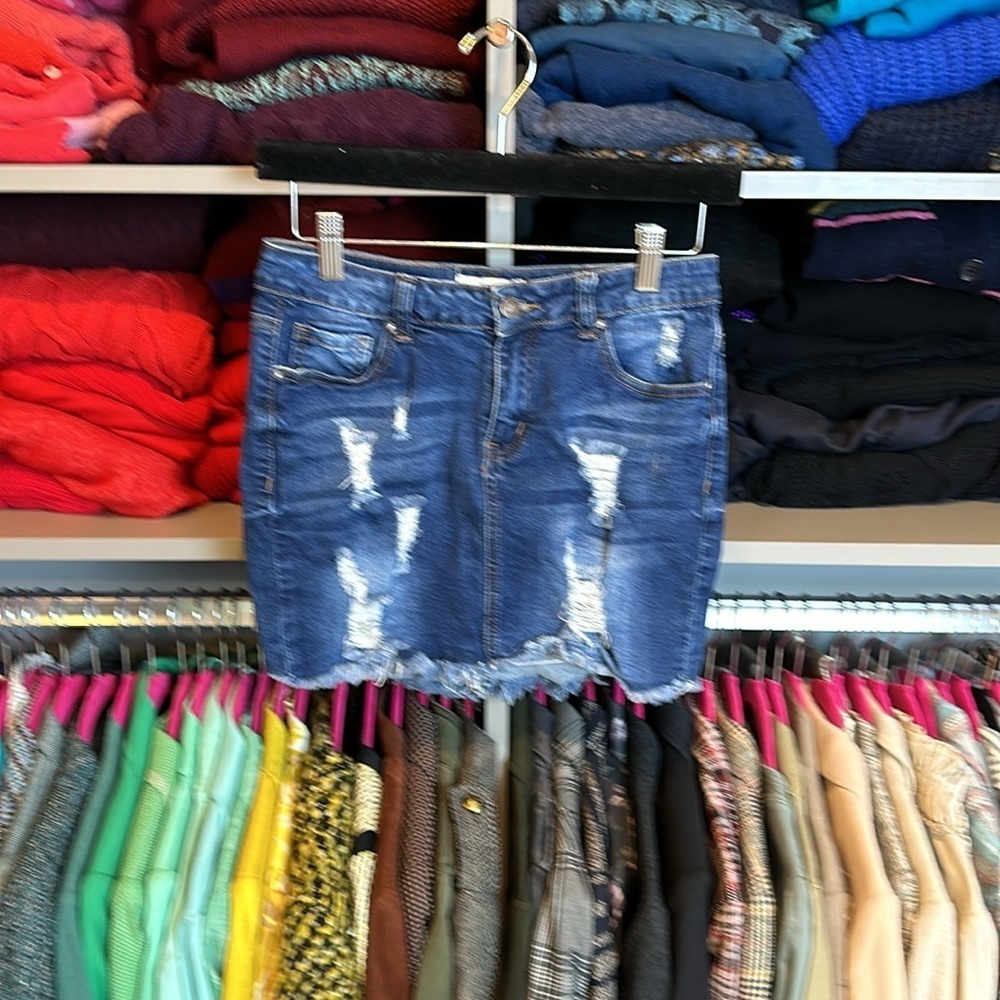 Forever 21 blue distressed raw hem jean mini skirt size S